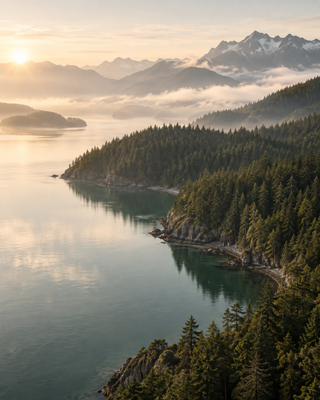 A quiet forested bay in soft morning light